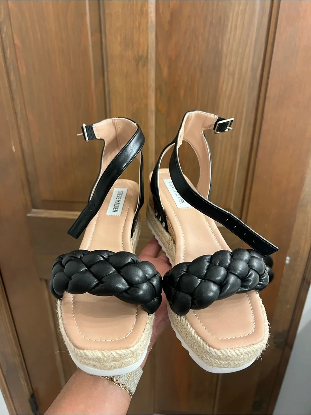 Steve Madden Black Braided Ankle-Strap Espadrille Platforms
